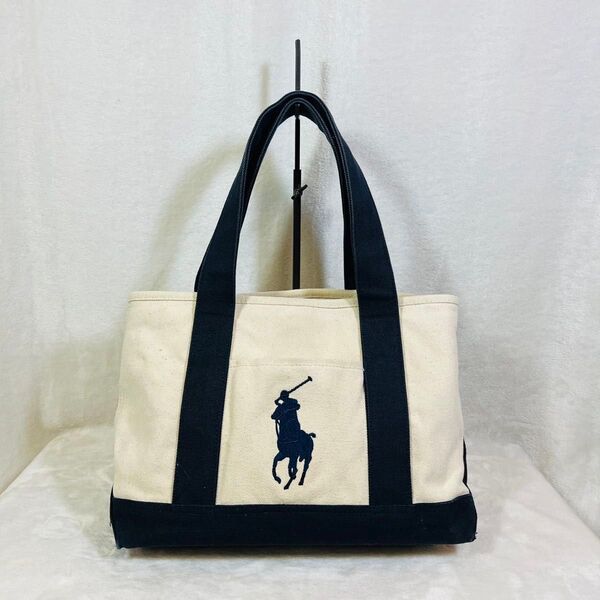 ポロ ラルフローレン キャンバストートバッグ ハンドバッグ ホワイト ネイビー コットン POLO LAUREN RALPH