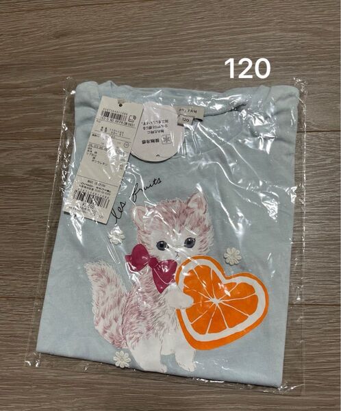 新品 anyFAM キッズ Tシャツ 120 水色 猫 接触冷感