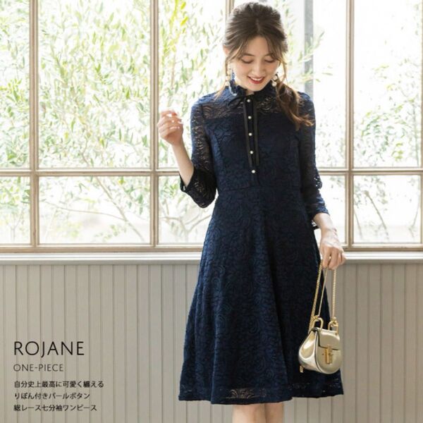 tocco closet トッコクローゼット 自分史上最高に可愛く纏えるりぼん付きパールボタン総レース七分袖ワンピース中古