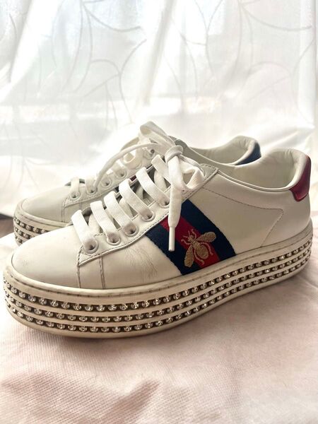 GUCCI グッチ 505995 エース ソール クリスタル ビジュー付 厚底 ローカット スニーカー ホワイト