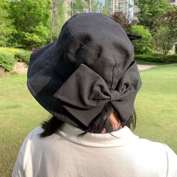 リボン付きバケットハット ブラック かわいいフェミニン 夏紫外線防止 日よけ帽子