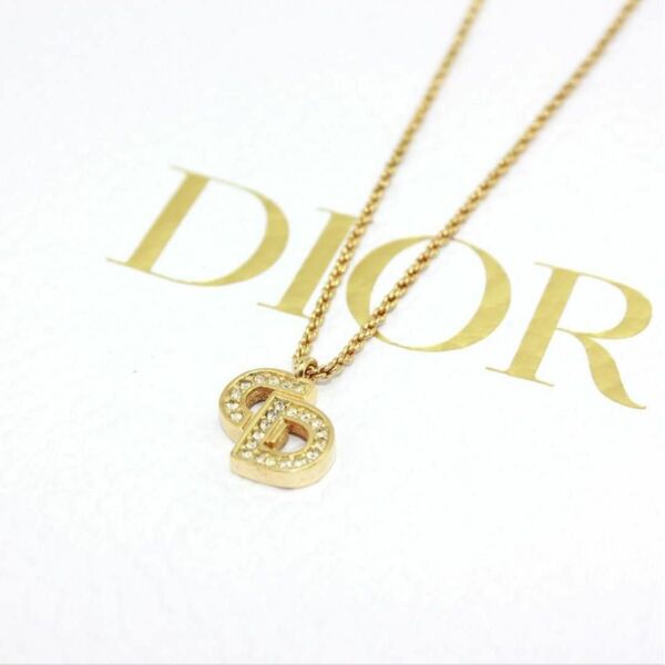 美品 Dior クリスチャンディオール CD ロゴ ストーン ゴールドネックレス