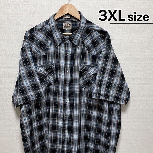 USA古着 ウエスタンシャツ 半袖 3XL ブルー グレー ブラック チェック柄