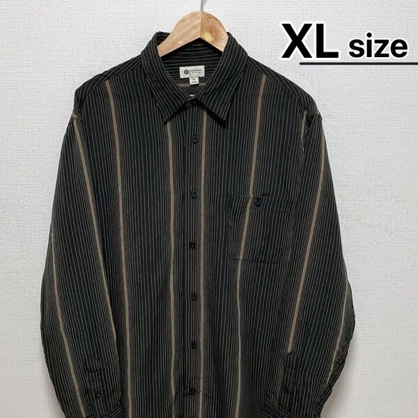 USA古着 HAGGAR 長袖シャツ XL ブラック ストライプ柄 ポリエステル