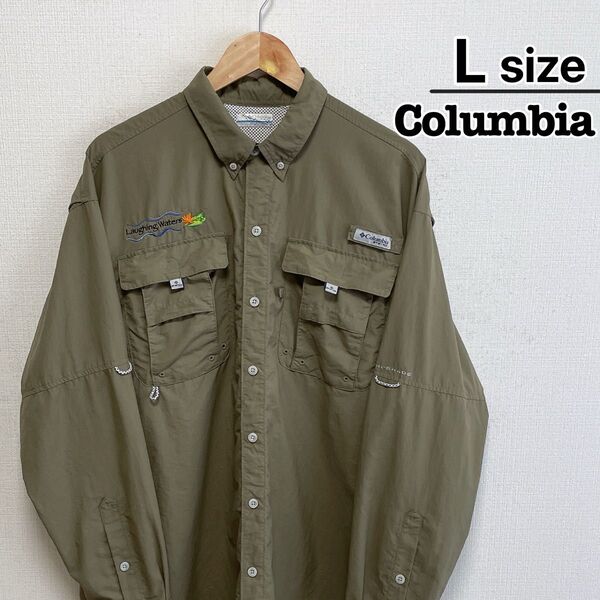 Columbia フィッシングシャツ L カーキ ロゴ 刺繍 長袖 USA古着