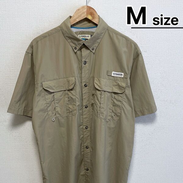 USA古着 フィッシングシャツ 半袖 M ベージュ 無地 ワンポイント ナイロン