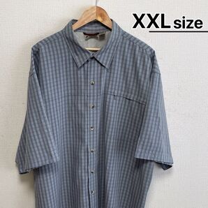 USA古着 半袖シャツ XXL グレーブルー チェック柄 ファスナーポケット
