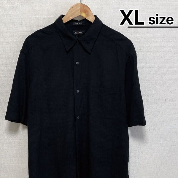 USA古着 シルクシャツ 半袖 XL ブラック 黒 チェック柄 レギュラーカラー