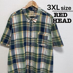 USA古着 RED HEAD 半袖シャツ 3XL グリーン チェック柄 コットン