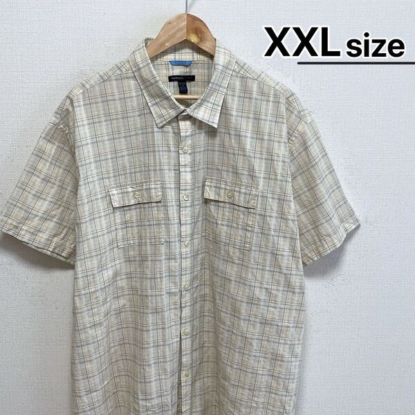 USA古着 半袖シャツ XXL ライトベージュ チェック柄 VAN HEUSEN