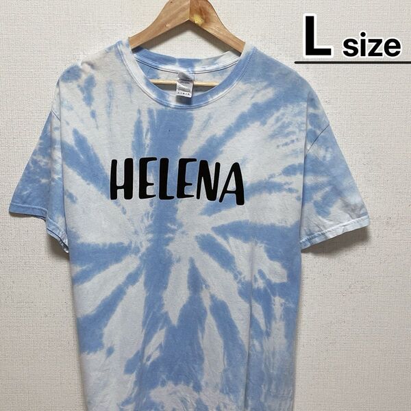 USA古着 Tシャツ L ライトブルー ホワイト タイダイ柄 ロゴ HELENA