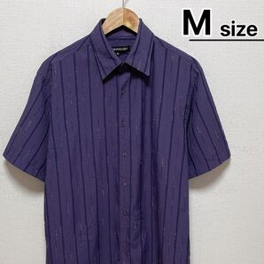 US古着 カジュアルシャツ 半袖 M パープル 紫 ストライプ レギュラーカラー