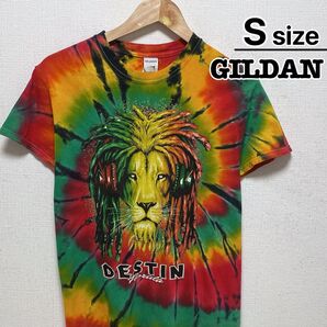 USA古着 ギルダン Tシャツ S タイダイ柄 ライオン アニマル柄 レッド