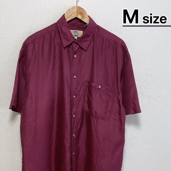 USA古着 Vintage シルクシャツ 半袖 M ワインレッド ボルドー 無地
