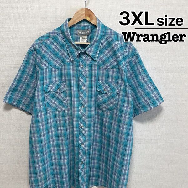 Wrangler ウエスタンシャツ 半袖 3XL ライトブルー 水色 チェック柄