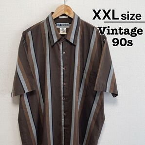 USA古着 90s 半袖シャツ XXL ストライプ ブラウン レギュラーカラー