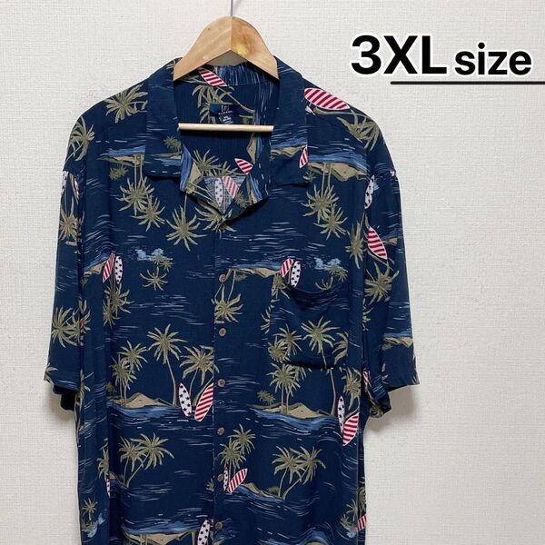 USA古着 アロハシャツ 半袖 3XL ネイビー 総柄 サーフィン ハワイアン
