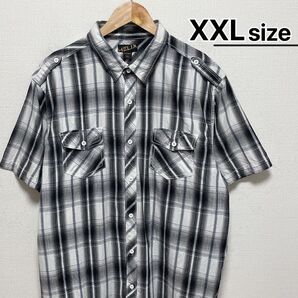 USA古着 半袖シャツ 2X エポーレット チェック ブラック ホワイト グレー