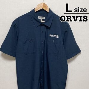 USA古着 ORVIS ワークシャツ L ネイビー 紺 ワンポイント 刺繍 無地