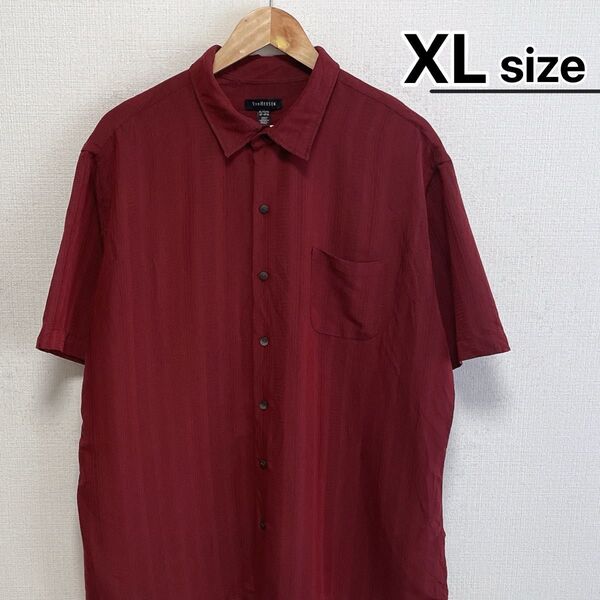USA古着 半袖シャツ XL ワインレッド 赤 ストライプ VAN HEUSEN