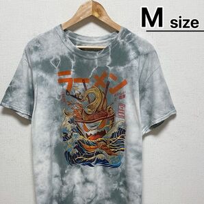 USA古着 Tシャツ M タイダイ柄 グレー プリント ラーメン 日本語 ロゴ