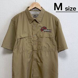 USA古着 フィッシングシャツ 半袖 M ベージュ バス 魚 フィッシュ 刺繍