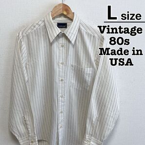 USA製 80s 長袖シャツ L ライトベージュ ホワイト ストライプ 古着