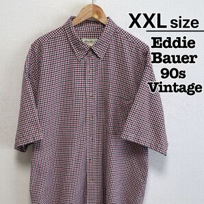 90s Eddie Bauer 半袖シャツ XXL チェック柄 レッド 赤 古着
