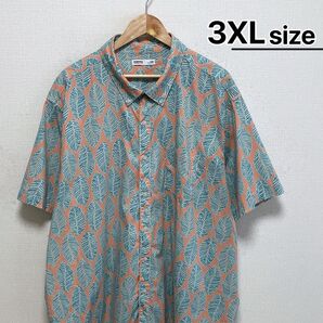 USA古着 総柄シャツ 半袖 3XL グリーン 緑 ピンク リーフ ボタニカル