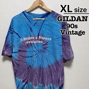 90s GILDAN Tシャツ XL ブルー パープル タイダイ柄 USA古着
