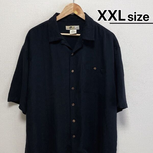 USA古着 キューバシャツ 半袖 XXL ブラック 総柄 オープンカラー 開襟