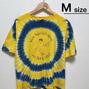 USA古着 Tシャツ M イエロー ネイビー タイダイ プリント インコ オウム