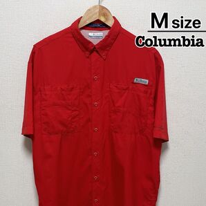 Columbia フィッシングシャツ 半袖 M レッド 無地 ポリエステル 古着