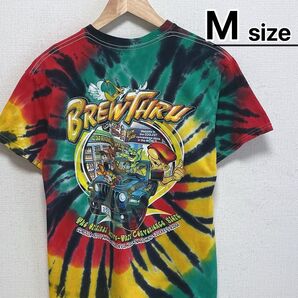 USA古着 Tシャツ M タイダイ柄 グリーン イエロー プリント キャラクター