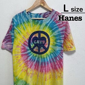 Hanes Tシャツ L タイダイ柄 プリント ロゴ CAVS 半袖 USA古着