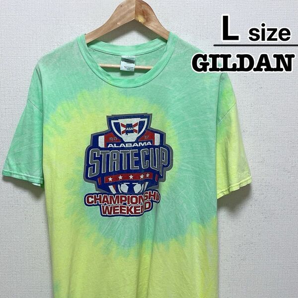 USA古着 GILDAN Tシャツ L タイダイ柄 ライトグリーン サッカー