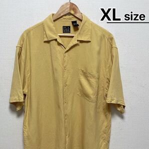 US古着 シルクシャツ 半袖 XL イエロー 黄色 オープンカラー ピンチェック