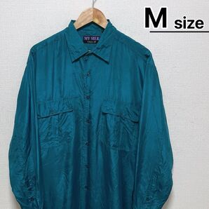 USA古着 Vintage シルクシャツ 長袖 M ターコイズ ブルー 青 無地