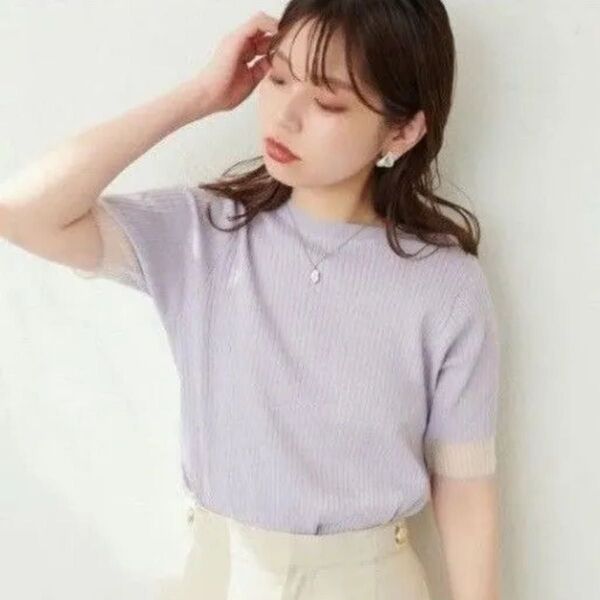 natural couture ラメ袖口シアーリブニット
