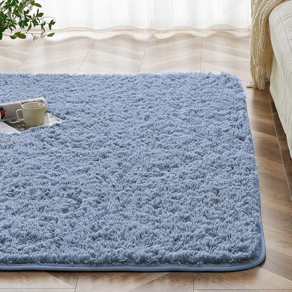 カーペットラグ 2 畳160x200cm 無地 灰藍色 お掃除ブラシ付き 洗える