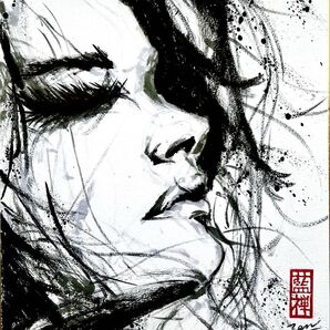 【墨絵】美人画 色紙
