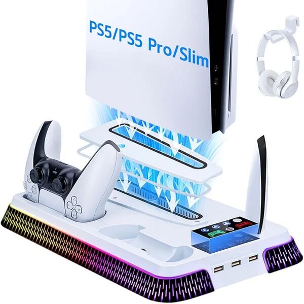 PS5 Pro/PS5 Slim対応 冷却ファンスタンド デュアルコントローラー充電ステーション RGBライト搭載