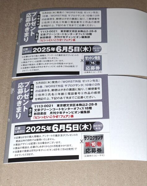 WORST外伝 ゼットン先生15巻 サブロクサンタ 10巻付属応募券 2枚セット 鈴蘭高校ネクタイ プレゼントグッズ 帯