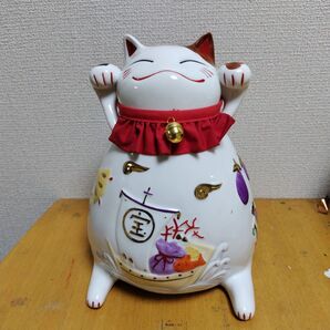 招き猫貯金箱 両手 招福商売繁盛縁起 陶器 開運