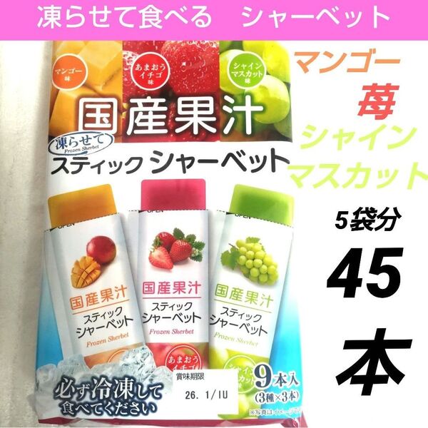 国産果汁 凍らせて食べる スティックシャーベット 苺 マンゴー マスカット 計45本 詰め合わせ ■送料無料 ■匿名配送■クーポン