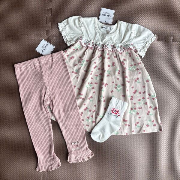 ★SLAPSLIP スラップスリップ いちご柄ワンピース&さくらんぼレギンス90&靴下 3点セット★