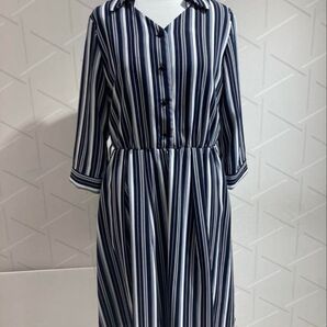 【Tiaclasse】きれいめ ワンピース 紺 ストライプ お呼ばれ服 ワンピース