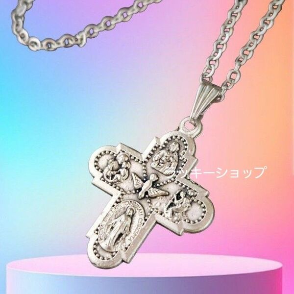 皆様のリクエストで出品 十字架クロスアンティークシルバー色 彫刻ペンダントネックレス イタリア直輸入 聖霊と聖人たちのペンダント