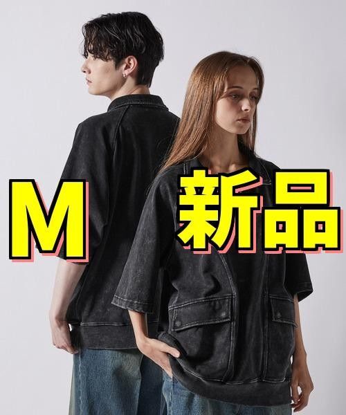 CLEL ヘビーウェイトヴィンテージデザイン半袖ハーフジップTシャツ ブラック系 Mサイズ