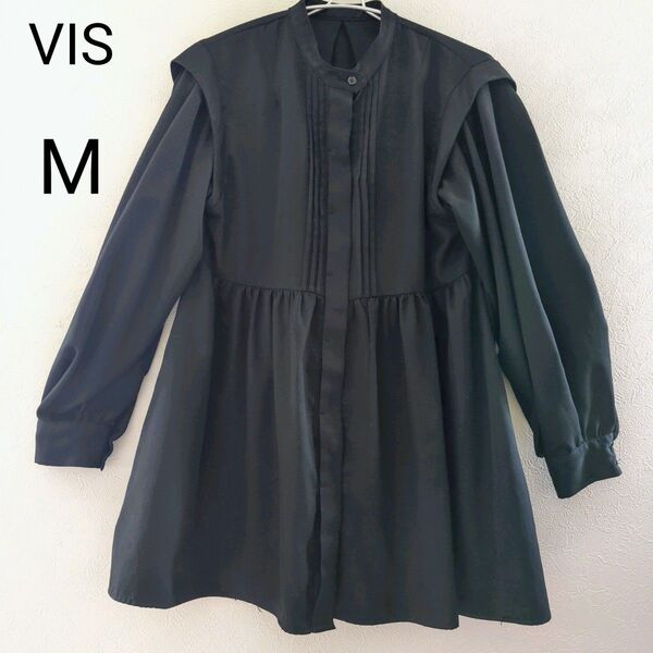 VIS バルーンスリーブシャツ M チュニック丈 ブラック バンドカラー 漆黒